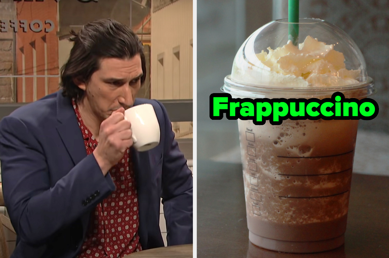 On the left, Adam Driver drinking coffee in an SNL sketch, and on the right, a Frappuccino