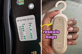 reviewers dog feed tracker magnet on their black refrigerator and reviewer holding their bag resealer