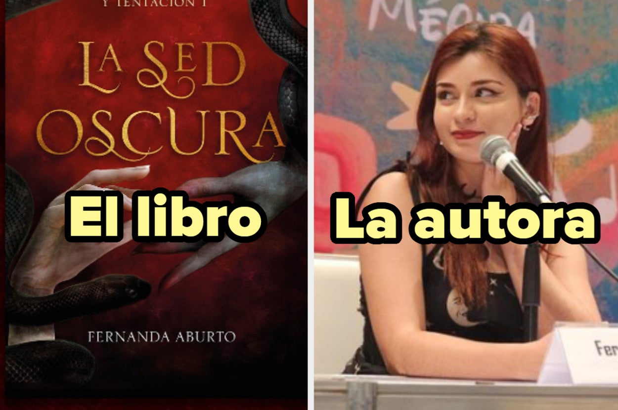Portada de "La Sed Oscura" y autora Fernanda Aburto en evento