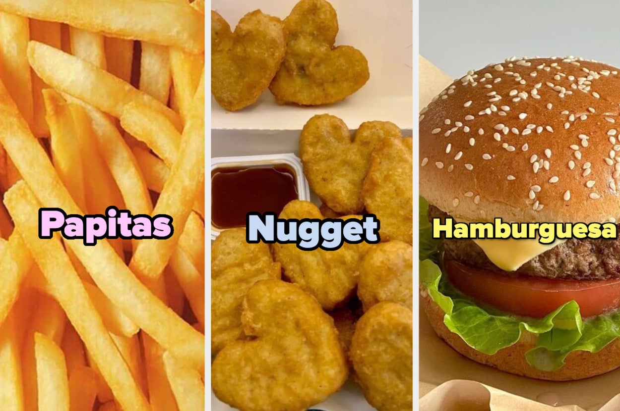 Imagen collage de tres comidas rápidas: papas fritas, nuggets de pollo y una hamburguesa