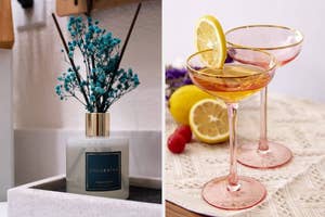 Two images: left, a reed diffuser labeled "COCORINA" on a shelf; right, two stemmed glasses with a beverage and lemon slice