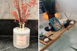 Two images: Left shows a scented candle with dried flowers. Right is a bath tray with a book, wine, and candles