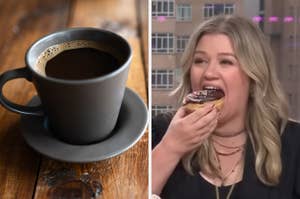 On the left, black coffee in a cup on a saucer, and on the right, Kelly Clarkson eating a donut