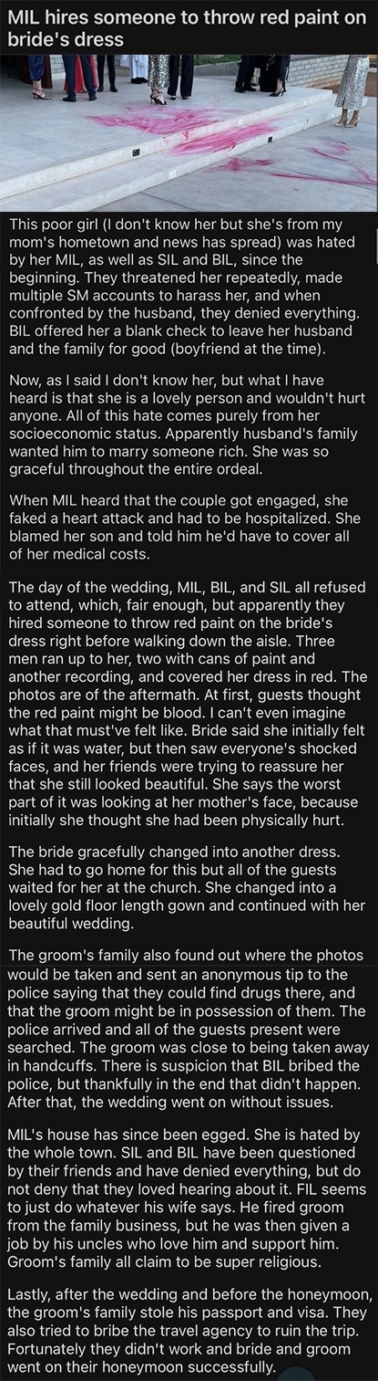 Text on image summarizing a story where a mother-in-law allegedly hired someone to throw red paint on the bride&#x27;s dress