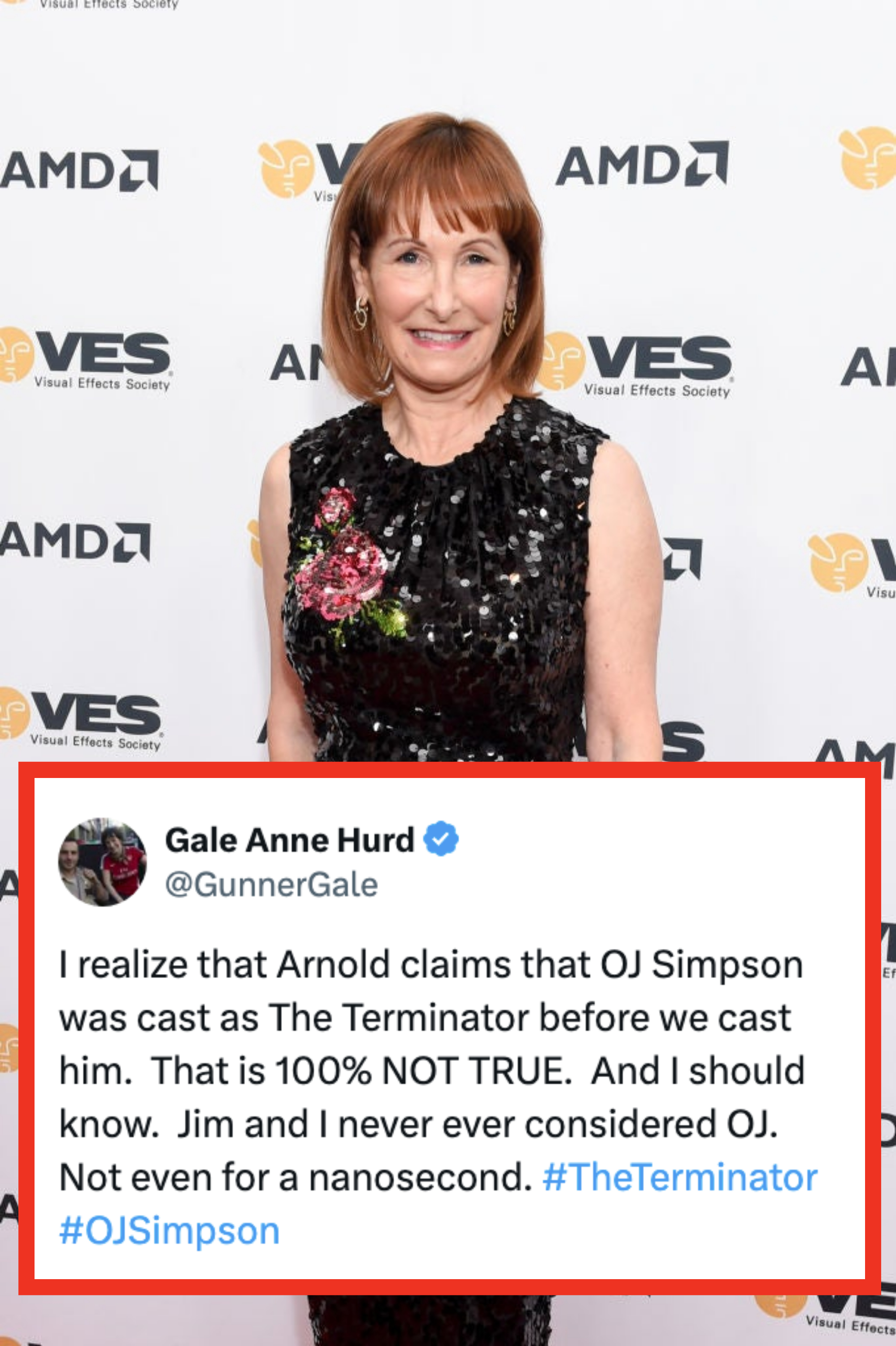 Screenshot of Gale Anne Hurd&#x27;s tweet with Gale standing in the background