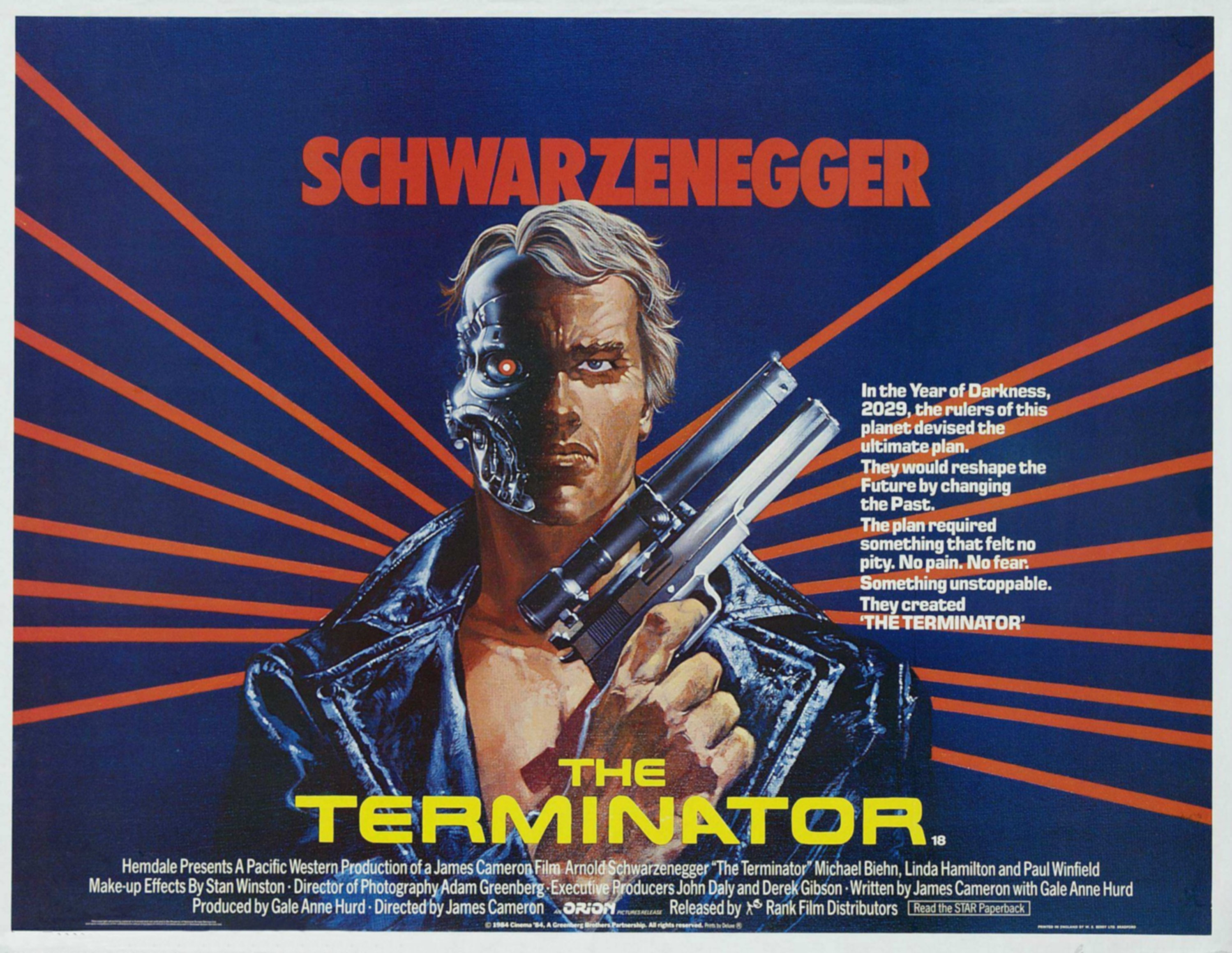 Movie poster of &quot;The Terminator&quot; featuring a character holding a gun, with futuristic text and graphics
