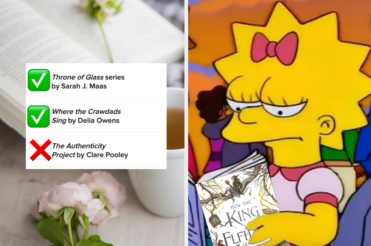 Open book with a list of books including "Throne of Glass series," "Where the Crawdads sing," and "The Authenticity Project," and Lisa Simpson holding a book titled