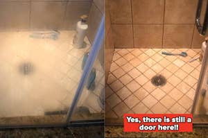 a reviewer's shower door covered in soap scum and after perfectly clear "yes there is still a door here"