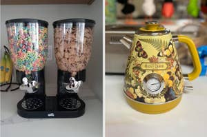 Two kitchen appliances: a dual cereal dispenser on the left and a floral-designed electric kettle on the right