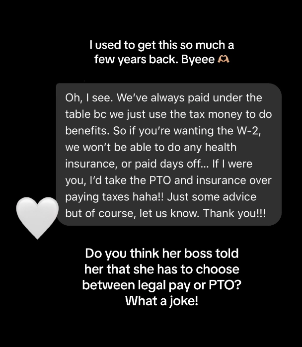 Text messages discussing reduced health benefits, skepticism about future PTO, and a boss&#x27;s joke about legal or professional boundaries