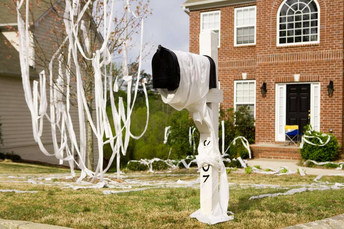 A mailbox and front yard covered in toilet paper, indicating a prank or celebration