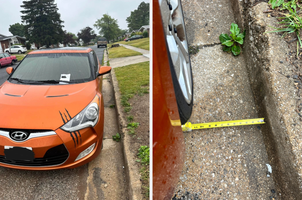 A car with a ticket and close-up of a measuring tape showing small distance to curb; an unusual parking job