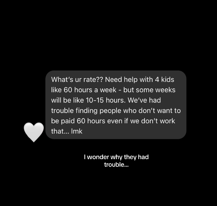 Text message asking about rates for help with 4 kids and mentioning previous people had trouble, reflecting on reasons why