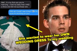 shocked groom captioned "She wanted to wear her OWN WEDDING DRESS To my wedding" with texts where the MIL says she wants to wear her own wedding dress