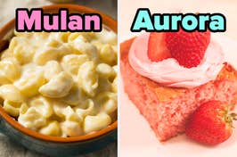 On the left, some mac and cheese labeled Mulan, and on the right, a slice of strawberry cake labeled Aurora