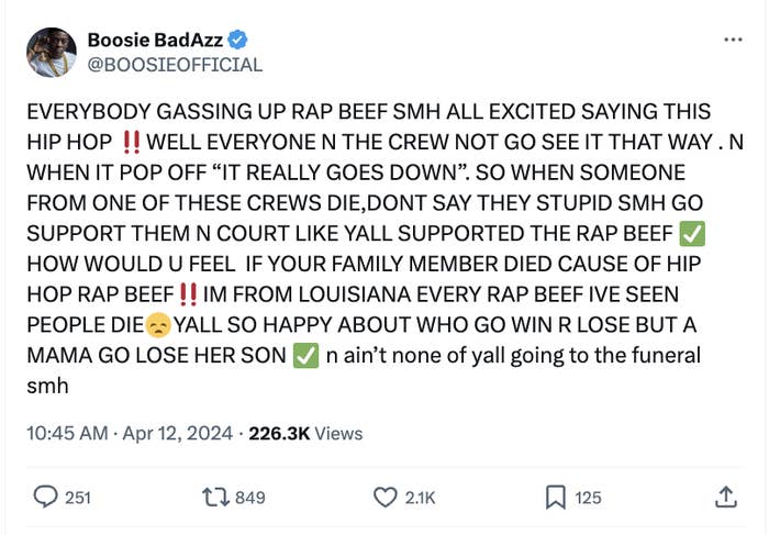 The image shows a tweet from Boosie BadAzz expressing frustration about the lack of support in hip hop communities when someone dies