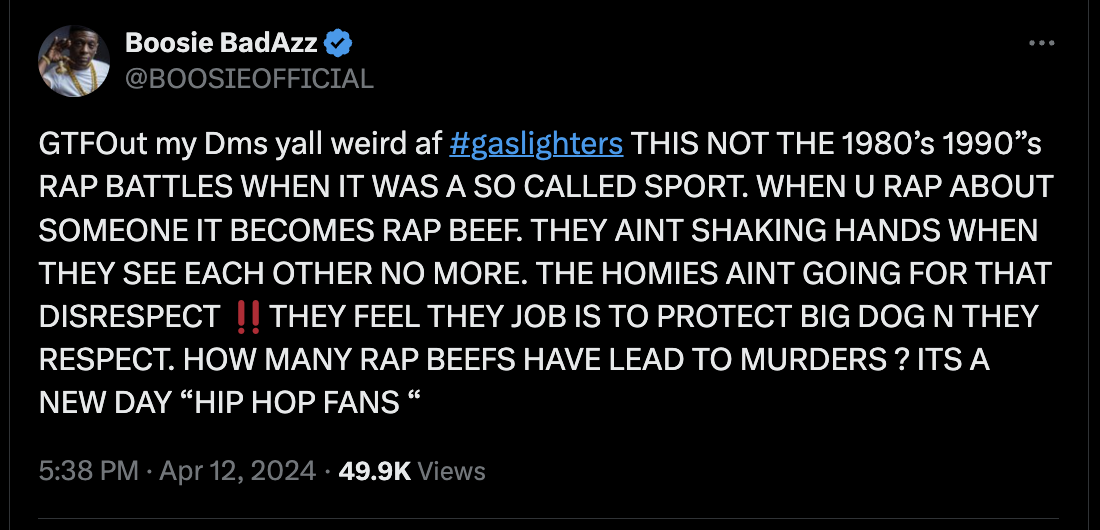 Tweet by @BoosieBadAzz expresses disdain for current rap conflicts, emphasizing the danger and repercussions, and discourages such behavior in the hip hop community