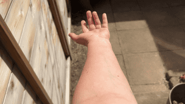 Person's outstretched hand near a wooden fence, with sunlight casting shadows