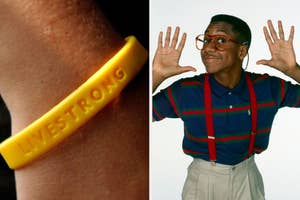 Wrist with yellow Livestrong bracelet; Steve Urkel in suspenders with hands by face