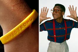 Wrist with yellow Livestrong bracelet; Steve Urkel in suspenders with hands by face