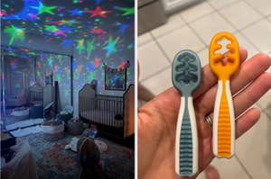 Two images split screen: left shows a room with starry light projection; right displays two silicone baby teethers
