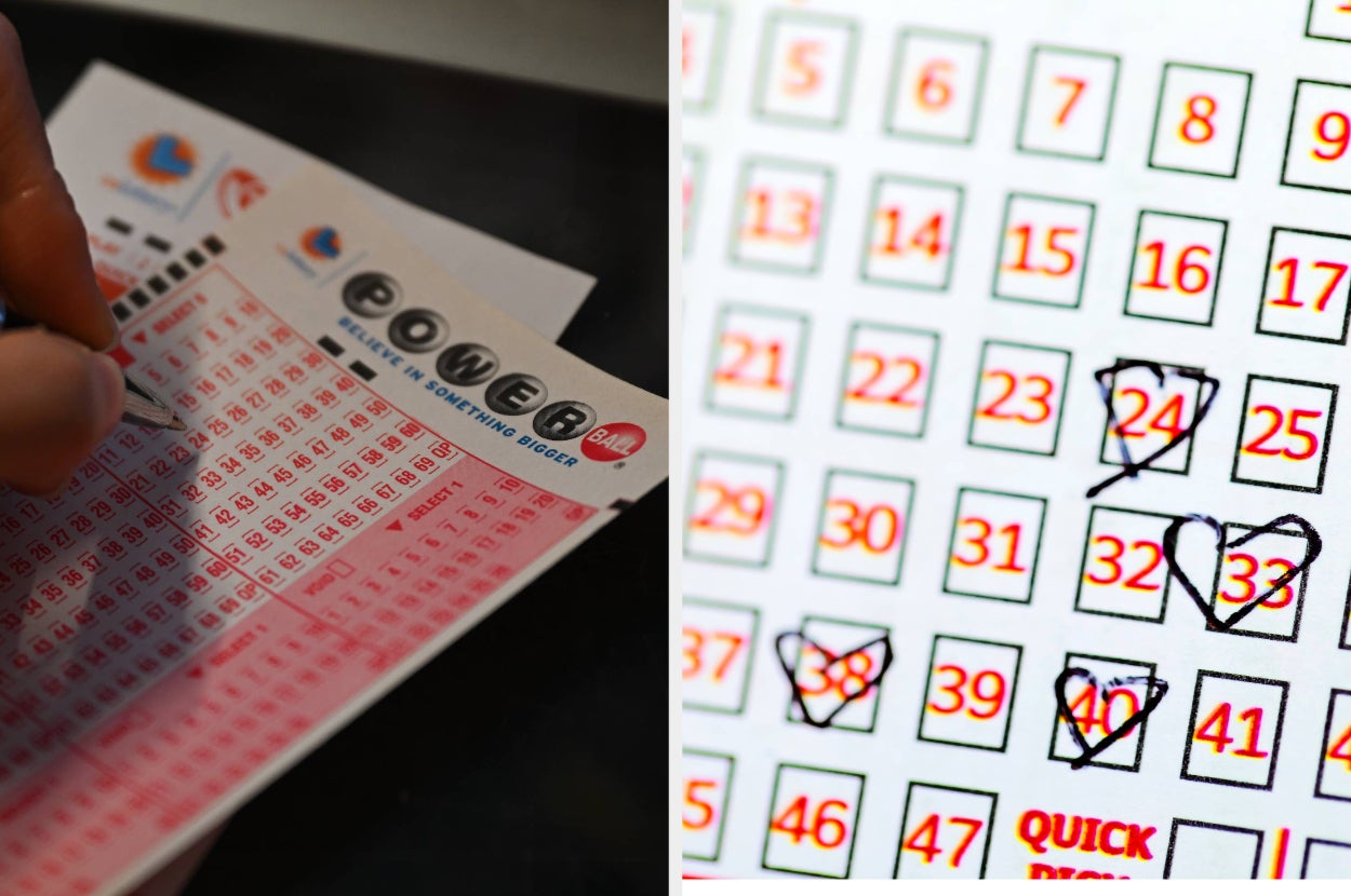 手に持たれたパワーボール宝くじの用紙と選ばれた数字がマークされているクローズアップ。