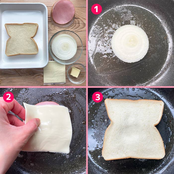 食パンが食材として準備されている台所の調理手順を示す4枚の画像。