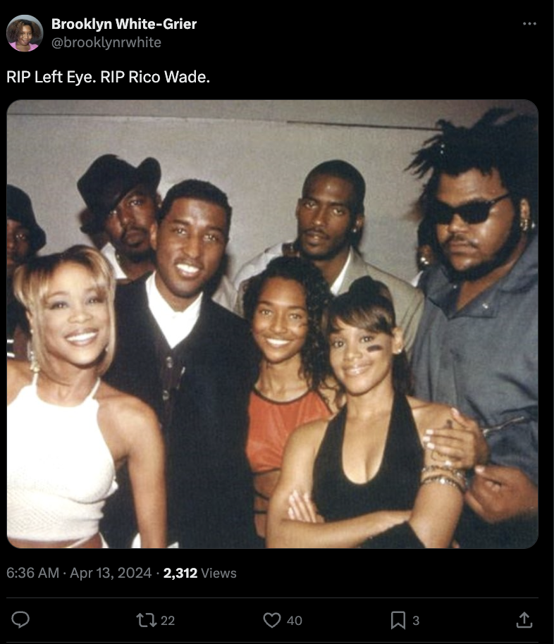 TLC and Rico Wade pose together. Members are dressed in casual 90s attire. Remembering Lisa &#x27;Left Eye&#x27; Lopes