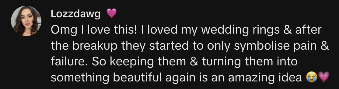 Screenshot of a social media comment by a person expressing love for an idea about repurposing wedding rings post-breakup