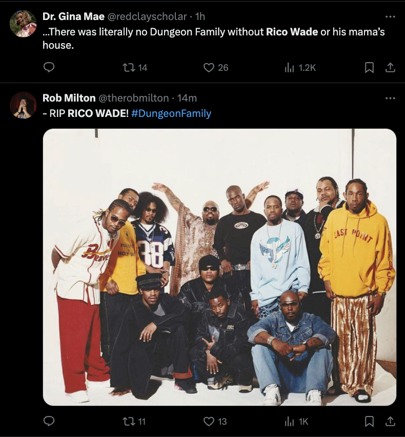 Group photo of Dungeon Family, members in hip-hop attire, honoring Rico Wade