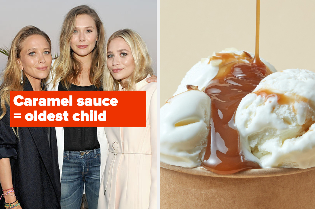 Three women posing together alongside text comparing caramel sauce to the oldest child