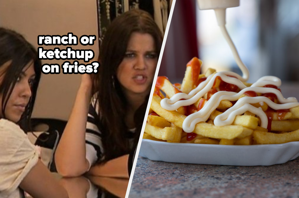 Khloe Kardashian glancing sideways, question "ranch or ketchup on fries?" above an image of fries with condiments