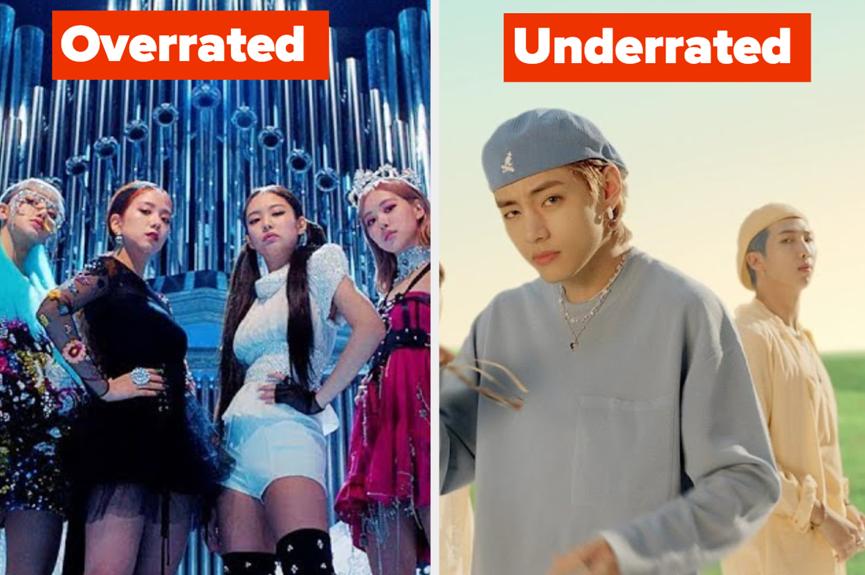 Split image with text "Overrated" on the left over a group of four women in stylish outfits, and "Underrated" on the right over three men in casual attire
