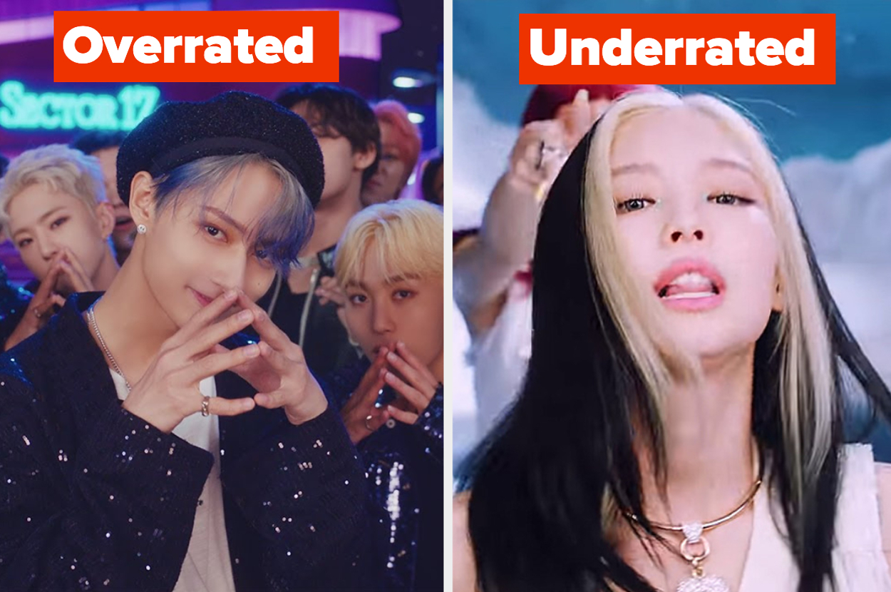 Split image with text "Overrated" on left and "Underrated" on right, featuring two K-pop idols in contrasting poses