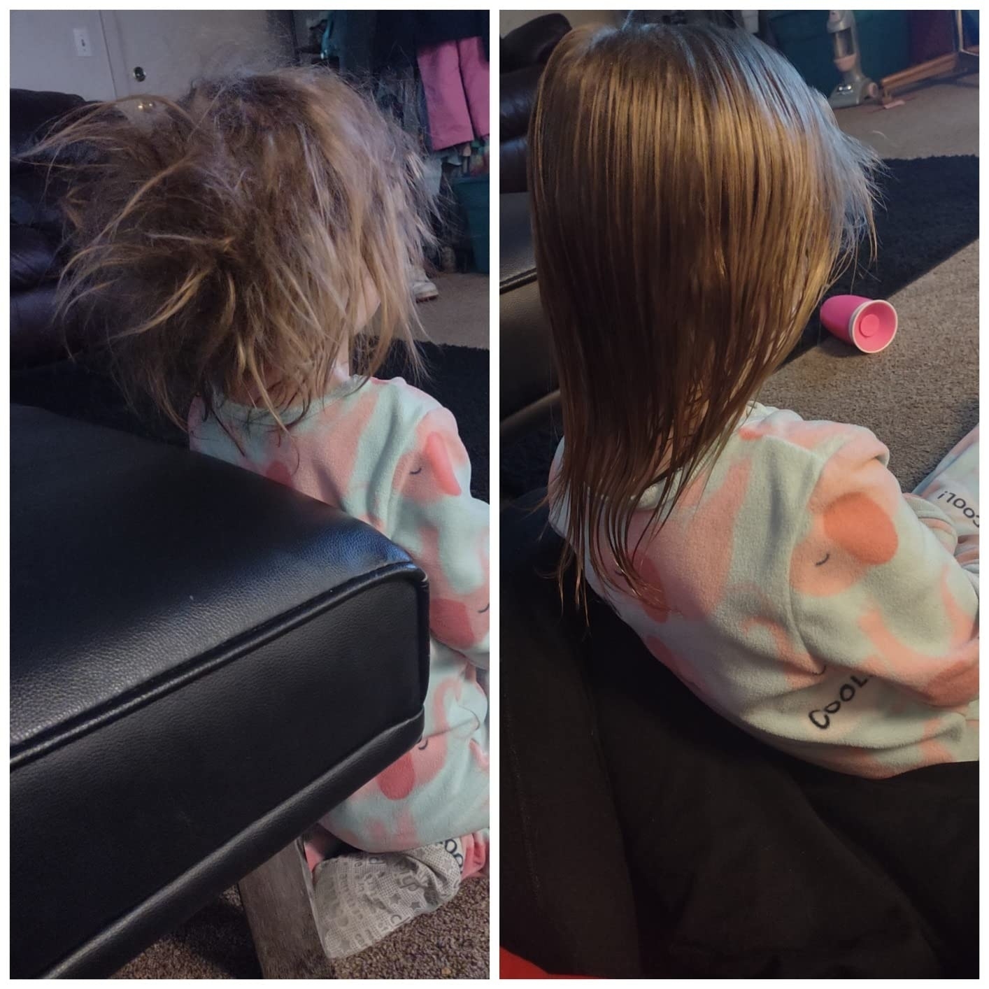 Child before and after haircut, sitting, wearing pajamas with hair transformation visible