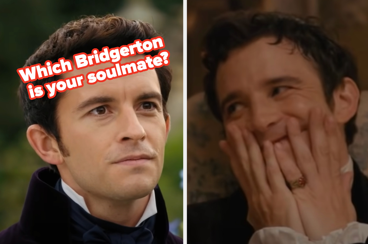 Quiz title "Which Bridgerton is your soulmate?" with two characters, one serious and one smiling