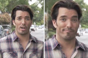 Man in a plaid shirt making two different facial expressions outside