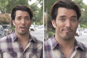 Man in a plaid shirt making two different facial expressions outside