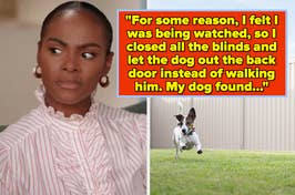 Woman appears uneasy, text overlay tells a story of feeling watched and letting the dog out