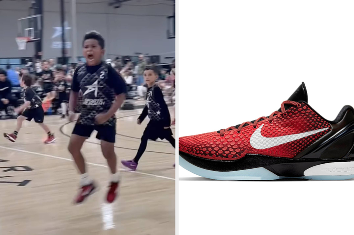 Youth basketball player in action wearing Nike sneakers featured in split image with close-up of the shoe design
