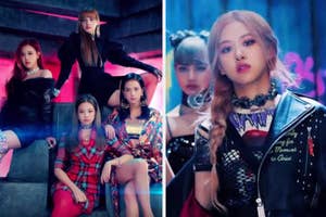 Members of BLACKPINK in stylish outfits, with one member seated and three standing, plus a close-up of a member in a chic jacket