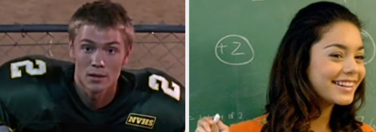 Split image: left shows a football player in uniform, right shows a student in front of a chalkboard. Text: "Are you popular or a nerd?"