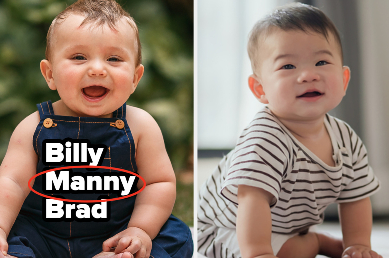 Two smiling infants, one in a blue jumpsuit; the other in a striped outfit; with names "Billy," "Manny," "Brad" overlaid