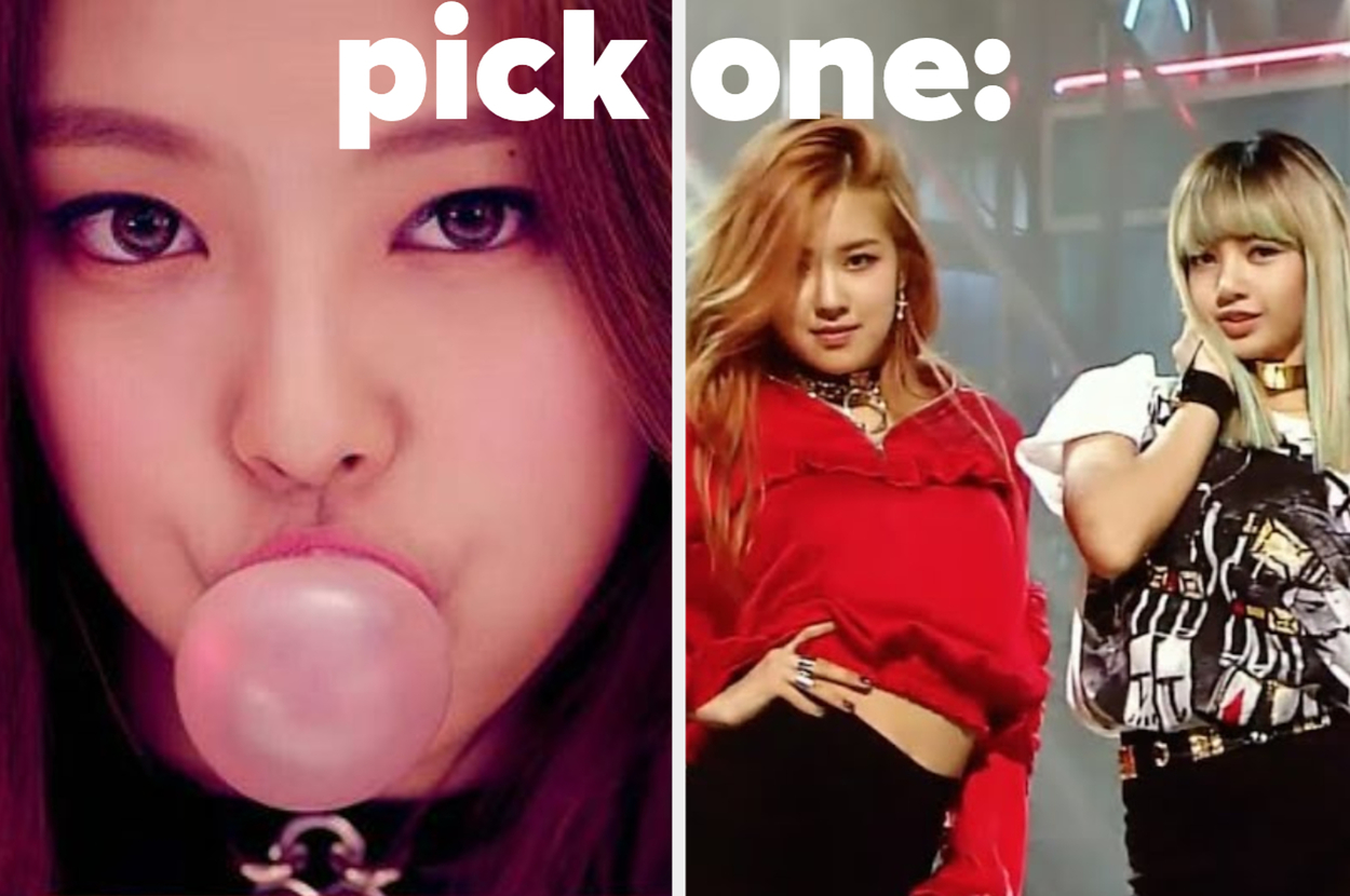Jennie of BLACKPINK blowing bubble gum with text "pick one:" next to an image of Lisa and Rosé of BLACKPINK posing