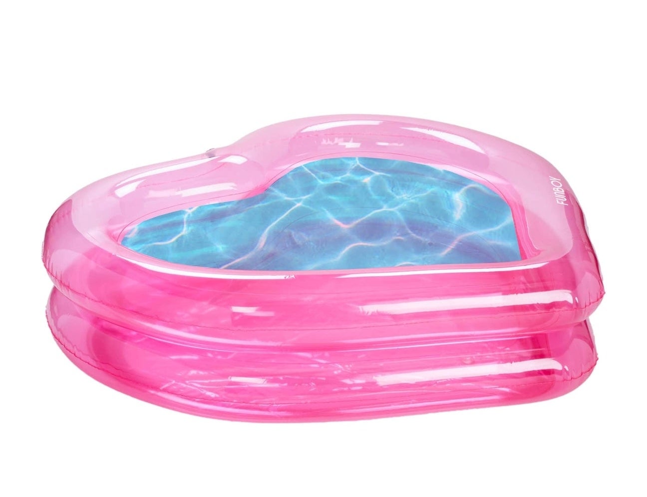 Inflatable pink pool float in the shape of a lip, with a blue-patterned center, showcased for purchase