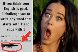 Split screen: Left side features a social media challenge to write a T-starting and M-ending word, with "Teeth" as the response. Right side shows a woman with a surprised expression