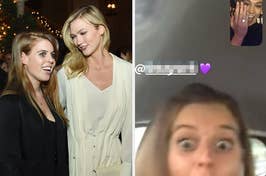 Princess Beatrice and Karlie Kloss, a screenshot of the women FaceTiming with an Instagram handle blurred out