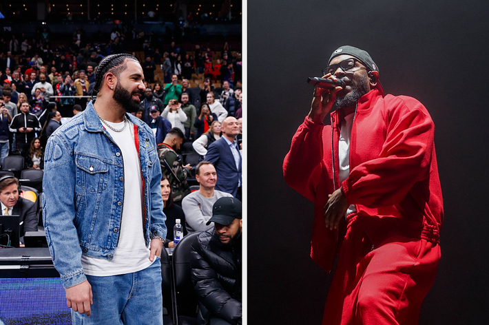 Two separate images; left shows a man in a denim jacket at a sports event, right depicts a performer in a red outfit singing on stage