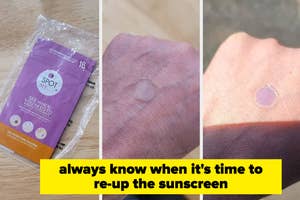 A series of images showing a UV-sensitive sticker on skin before and after sun exposure, indicating when to reapply sunscreen