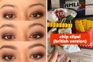 Collage of four close-up images of eyes and a British snack packet with "chip clips" text